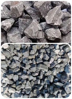 Before and after comparison of using a crusher bucket to break basalt