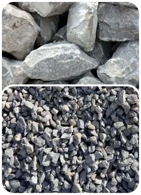Before and after comparison of using a crusher bucket to break limestone